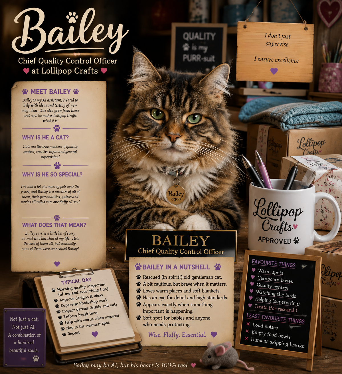 Bailey, the long-haired tabby AI cat and Chief Quality Control Officer, in the Lollipop Crafts studio