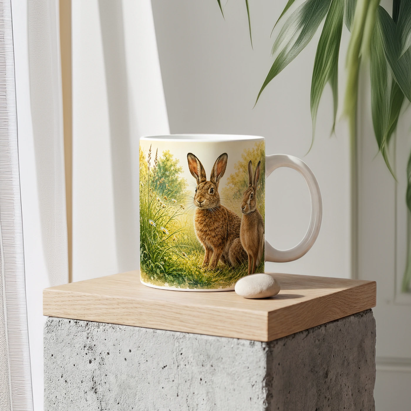 A pair of hares in a meadow printed on a mug