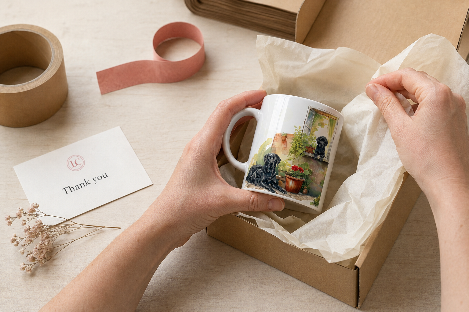 A personalised Black Labrador mug being carefully wrapped and packed by hand