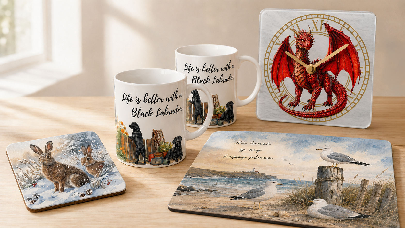 Lollipop Crafts Labrador mugs, hare coaster, Welsh dragon clock and seaside placemat