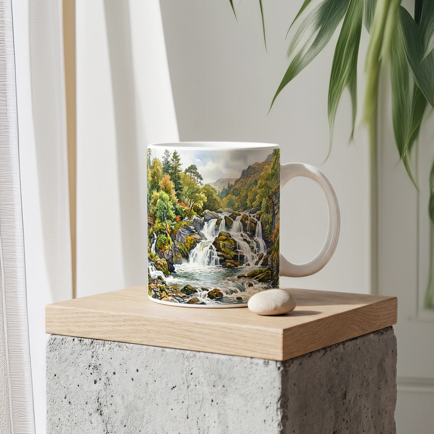 Swallow Falls watercolour design printed on a mug
